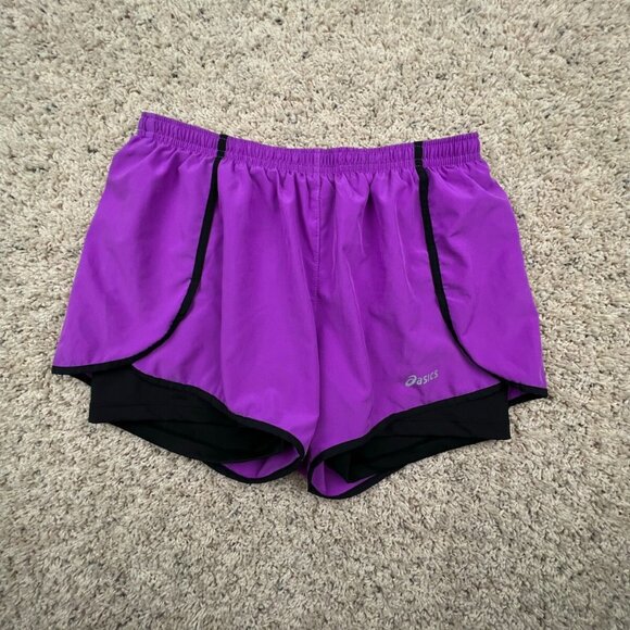 Asics Small Elastic Pull On Shorts Purple Womens Gym Active Workout w Logo - Picture 1 of 7